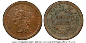 image for: 1857 1/2 C C-1, B-1, R.2, MS64 Brown PCGS. PCGS Population: (66/9 and 4/3+). Mintage 35,180....