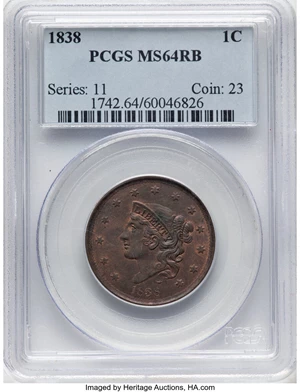 image for: 1838 1C N-8, R.1, MS64 Red and Brown PCGS. PCGS Population: (29/29). Mintage 6,370,200....