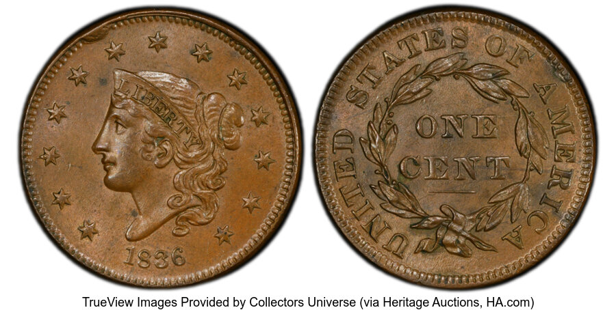 image for: 1836 1C N-3, R.1, MS62 Brown PCGS. PCGS Population: (22/53 and 0/1+).  Mintage 2,111,000....