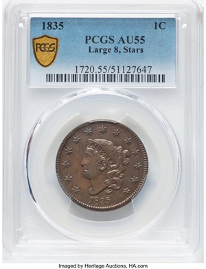 image for: 1835 1C Large 8, Large Stars, N-1, R.1, AU55 PCGS. PCGS Population: (7/5 and 0/0+)....