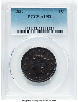 image for: 1827 1C N-11, R.1, AU53 PCGS. PCGS Population: (19/110). Mintage 2,357,732....