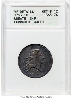 image for: 1793 1C Wreath, Vine and Bars Edge, S-9, B-12, R.2 -- Corroded, Tooled -- ANACS VF Details, Net Fine 12. Housed in a small-...