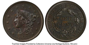 image for: 1837 1C Plain Cords, Medium Letters, N-7, N-8, R.1, AU58 PCGS. PCGS Population: (6/12 and 0/1+)....