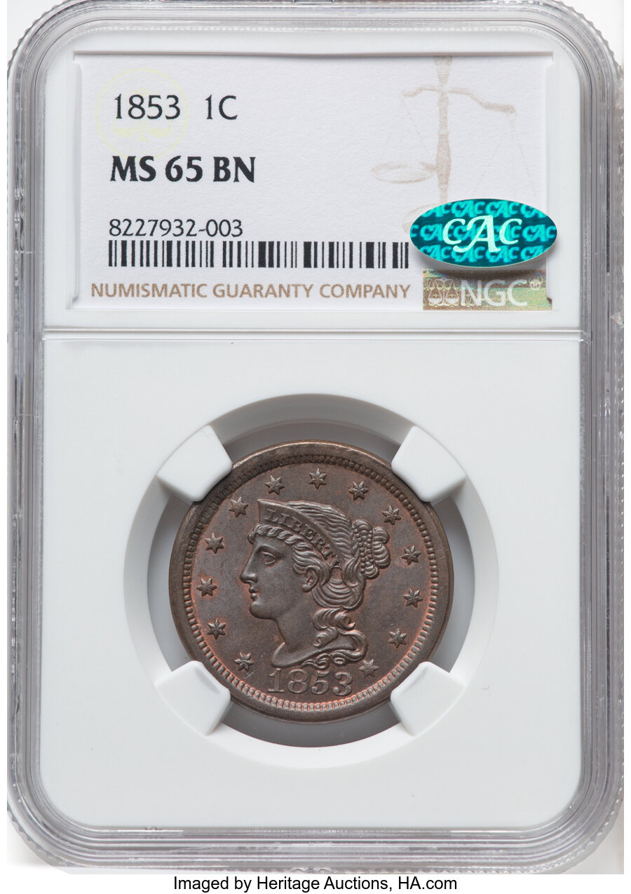 image for: 1853 1C N-26, R.2, MS65 Brown NGC. CAC. CAC Population: (6/4). Mintage 6,641,131....