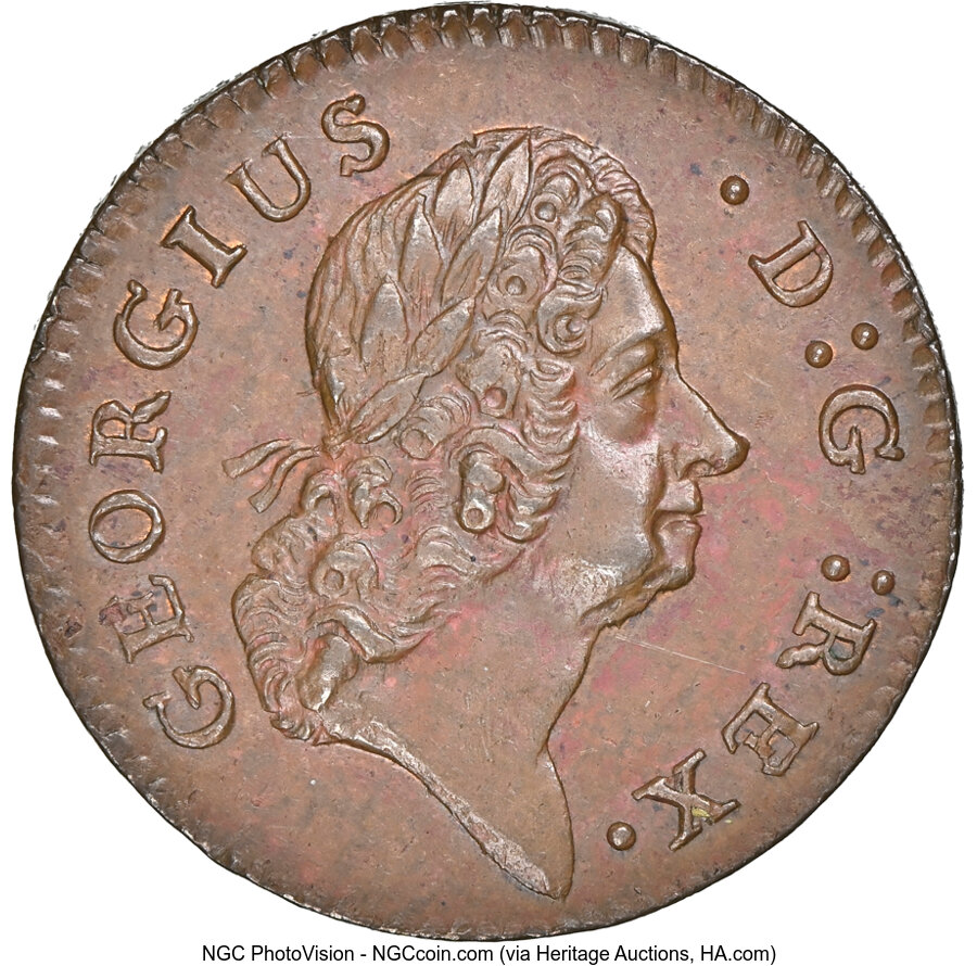 image for: 1723 Hibernia Farthing, D:G:REX, M. 1.1-Bc.1, W-12240, R.5, MS62 Brown NGC. Ex: Long Island Collection. NGC Census: (4/3). P...
