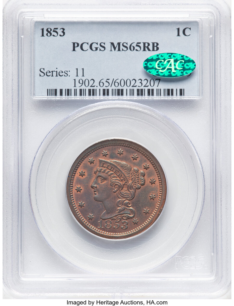 image for: 1853 1C N-14, High R.2, MS65 Red and Brown PCGS. CAC. CAC Population: (58/11). Mintage 6,641,131....