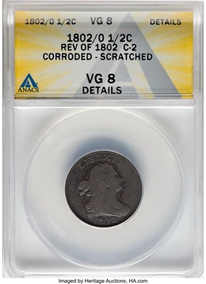 image for: 1802/0 1/2C Reverse of 1802, C-2, B-2, R.3 -- Corroded, Scratched -- ANACS Details. VG8. Mintage 20,266....