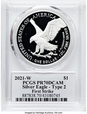 image for: 2021-W $1 Silver Eagle, Type Two, First Strike, PR70 Deep Cameo PCGS. Hand-signed, Emily S. Damstra....