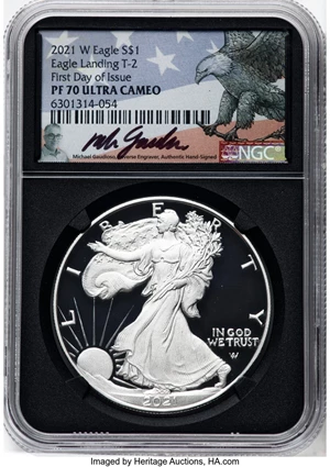image for: 2021-W $1 Silver Eagle, Type Two Eagle Landing, First Day of Issue, PR70 Ultra Cameo NGC. Authentic Hand-signed, Michael ...