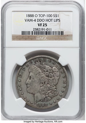image for: 1888-O $1 Hot Lips, Doubled Die Obverse, VAM-4, VF25 NGC. A Top 100 Variety. NGC Census: (94/702)....