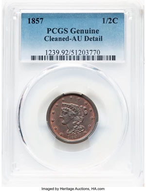 image for: 1857 1/2 C C-1, B-1, R.2 -- Cleaned -- PCGS. AU Details. PCGS Population: (44/526). NGC Census: (0/0). CDN: $200 Whsle. Bid...