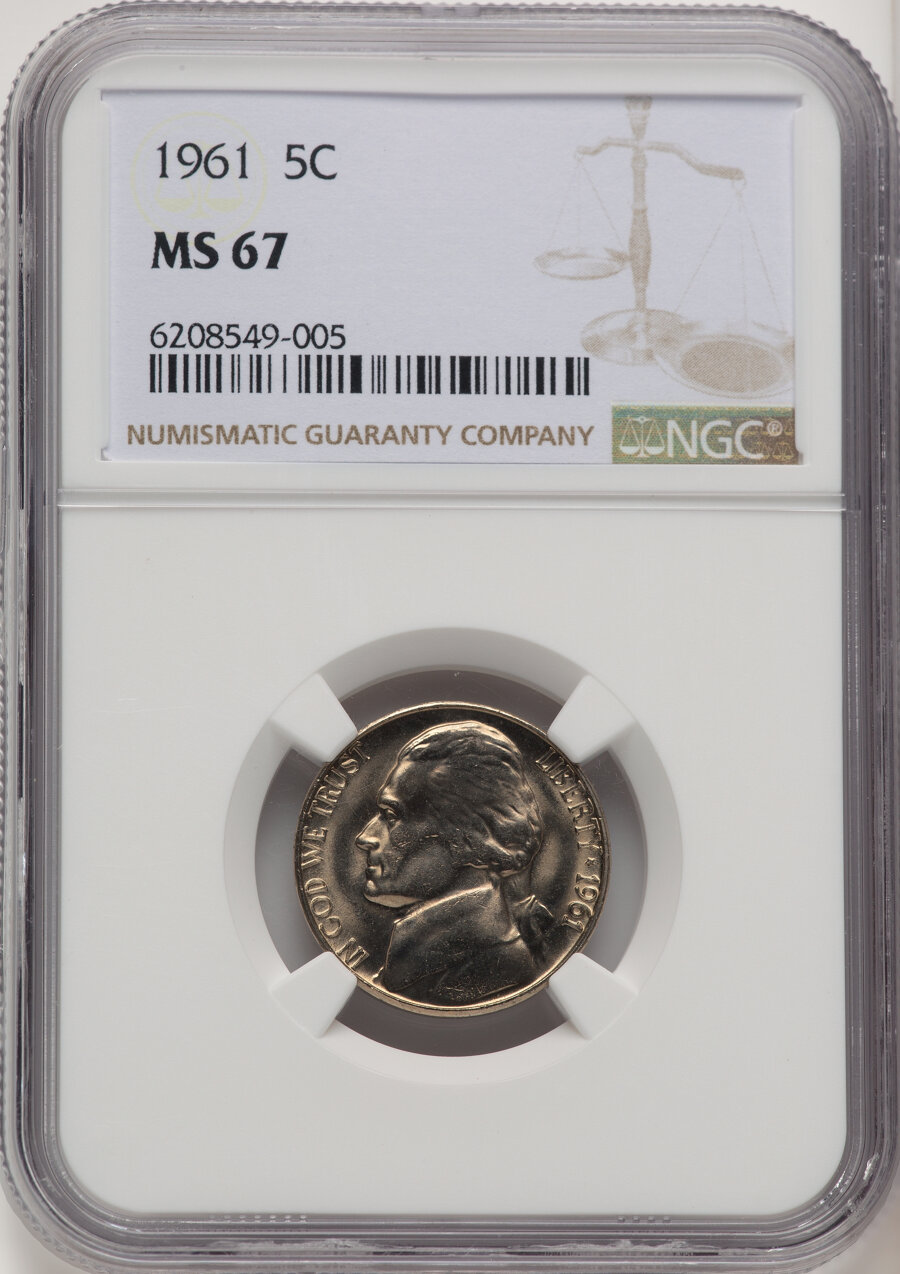 image for: 1961 5C MS67 NGC. NGC Census: (47/1).  Mintage 73,600,000. ...