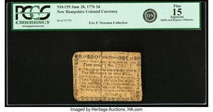 image for: New Hampshire June 28, 1776 3d PCGS Apparent Fine 15....
