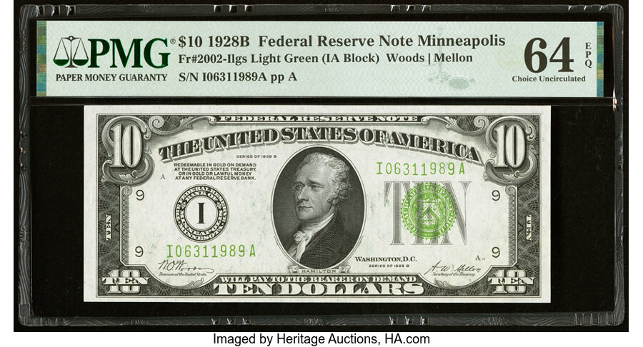 image for: Fr. 2002-I $10 1928B Light Green Seal Federal Reserve Note. PMG Choice Uncirculated 64 EPQ....