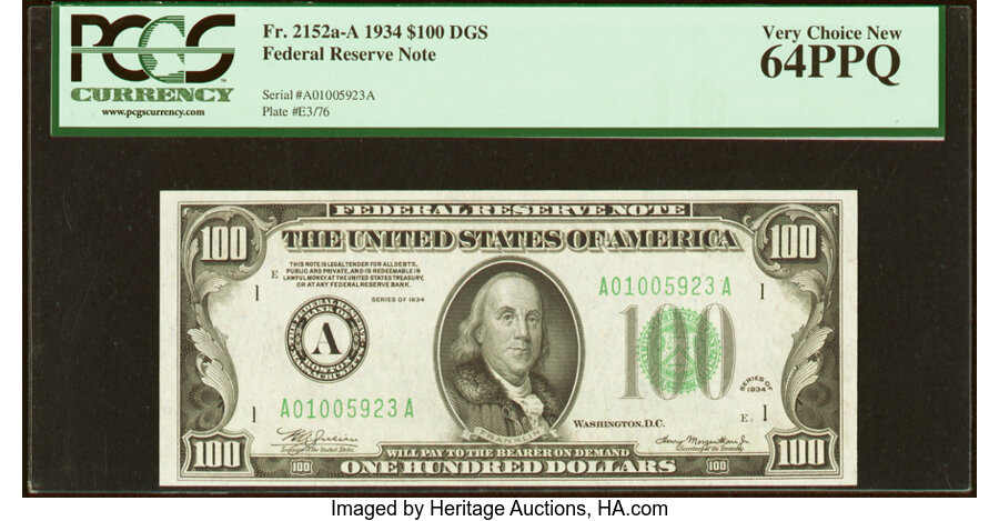 image for: Fr. 2152-A $100 1934 Federal Reserve Note. PCGS Very Choice New 64PPQ....