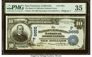 image for: San Francisco, CA - $10 1902 Date Back Fr. 619 The Bank of California, National Assoc Ch. # (P)9655 PMG Choice Very Fine 35....