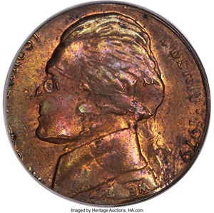 image for: 1979 5C Jefferson Nickel -- Double Denomination on 1978 1C -- MS63 Red and Brown PCGS....