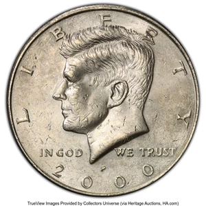 image for: 2000-P 50C Kennedy Half Dollar -- 75° Clockwise Rotated Dies -- MS61 PCGS. PCGS Population: (1/571 and 0/2+)....