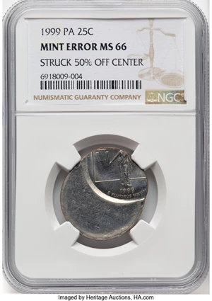 image for: 1999 25C Pennsylvania Quarter -- Struck 50% Off Center -- MS66 NGC....