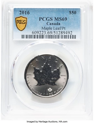 image for: Canada: Elizabeth II platinum "Maple Leaf" 50 Dollars (1 oz) 2016 MS69 PCGS,...