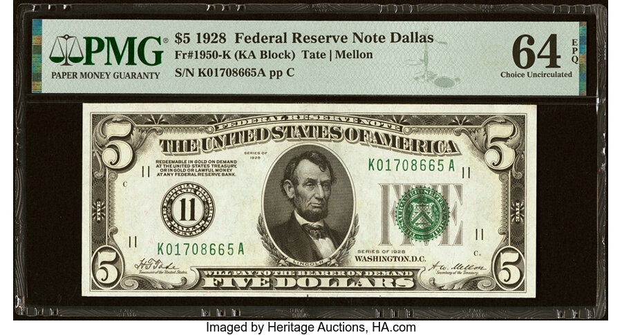 image for: Fr. 1950-K $5 1928 Federal Reserve Note. PMG Choice Uncirculated 64 EPQ....