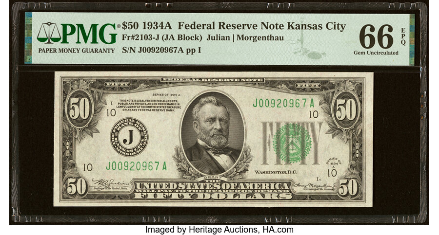 image for: Fr. 2103-J $50 1934A Federal Reserve Note. PMG Gem Uncirculated 66 EPQ....