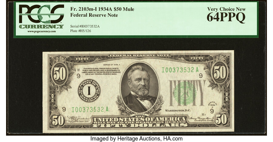 image for: Fr. 2103-I $50 1934A Mule Federal Reserve Note. PCGS Very Choice New 64PPQ....