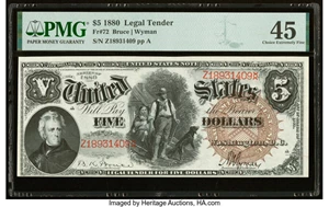 image for: Fr. 72 $5 1880 Legal Tender PMG Choice Extremely Fine 45....