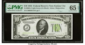 image for: Fr. 2004-J $10 1934 Light Green Seal Federal Reserve Note. PMG Gem Uncirculated 65 EPQ....