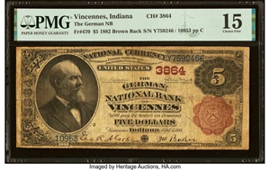 image for: Vincennes, IN - $5 1882 Brown Back Fr. 470 The German National Bank Ch. # 3864 PMG Choice Fine 15....