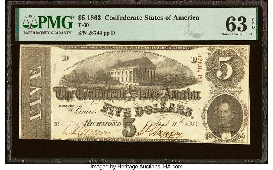 image for: T60 $5 1863 PF-4 Cr. 450 PMG Choice Uncirculated 63 EPQ....
