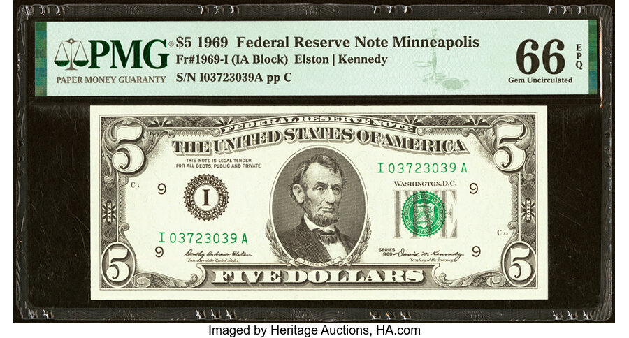 image for: Fr. 1969-I $5 1969 Federal Reserve Note. PMG Gem Uncirculated 66 EPQ....