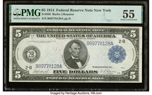 image for: Fr. 850 $5 1914 Federal Reserve Note PMG About Uncirculated 55....
