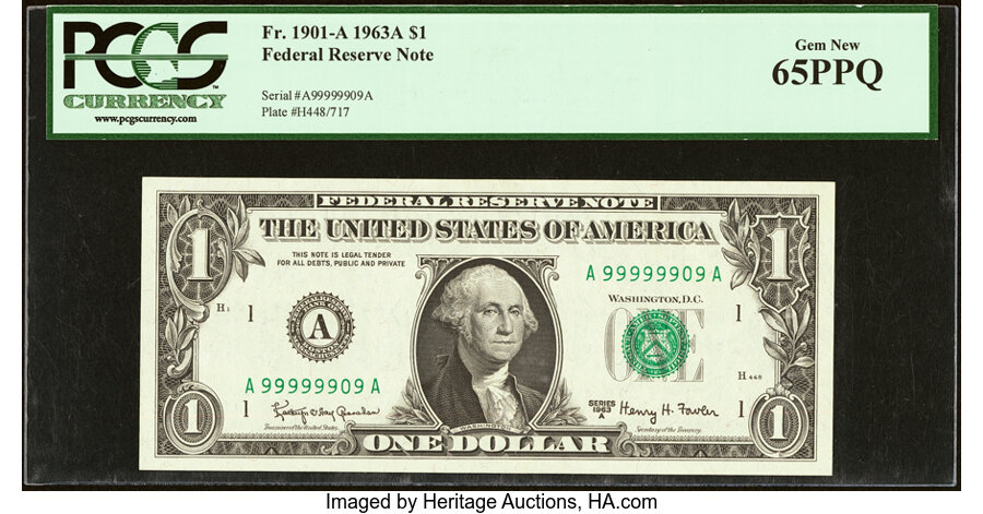 image for: Seven of a Kind Serial Number 99999909 Fr. 1901-A $1 1963A Federal Reserve Note. PCGS Gem New 65PPQ....