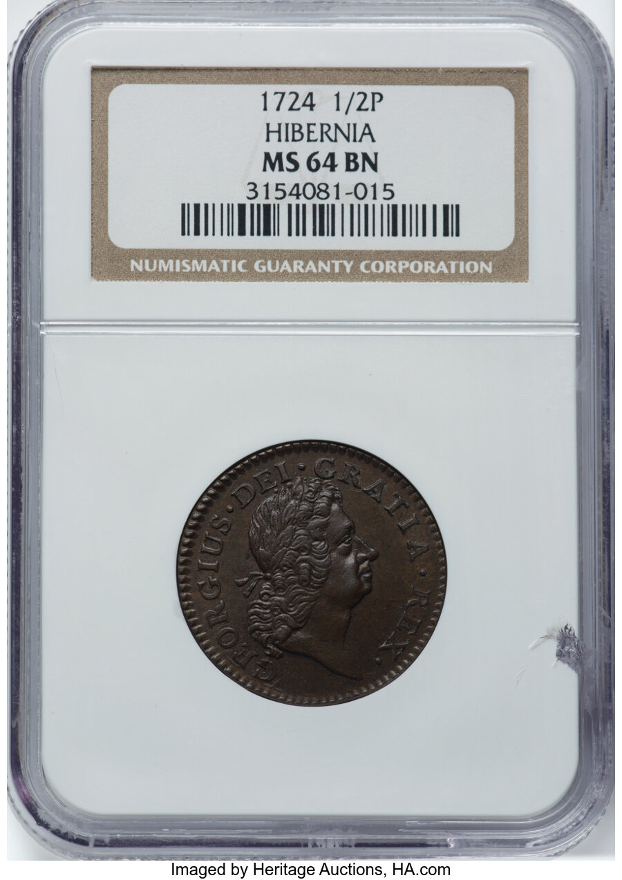 image for: 1724 1/2 P Hibernia Halfpenny, DEI Above Head, M. 8.3-L.2, W-Unlisted, R.6, MS64 Brown NGC....