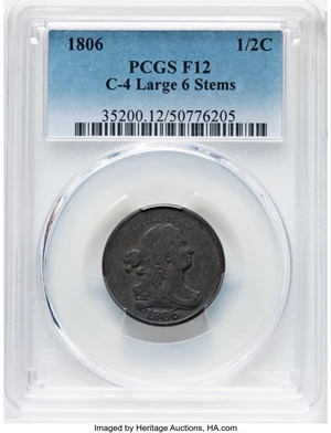 image for: 1806 1/2 C Large 6, Stems, C-4, B-4, R.1, Fine 12 PCGS. PCGS Population: (1/25)....