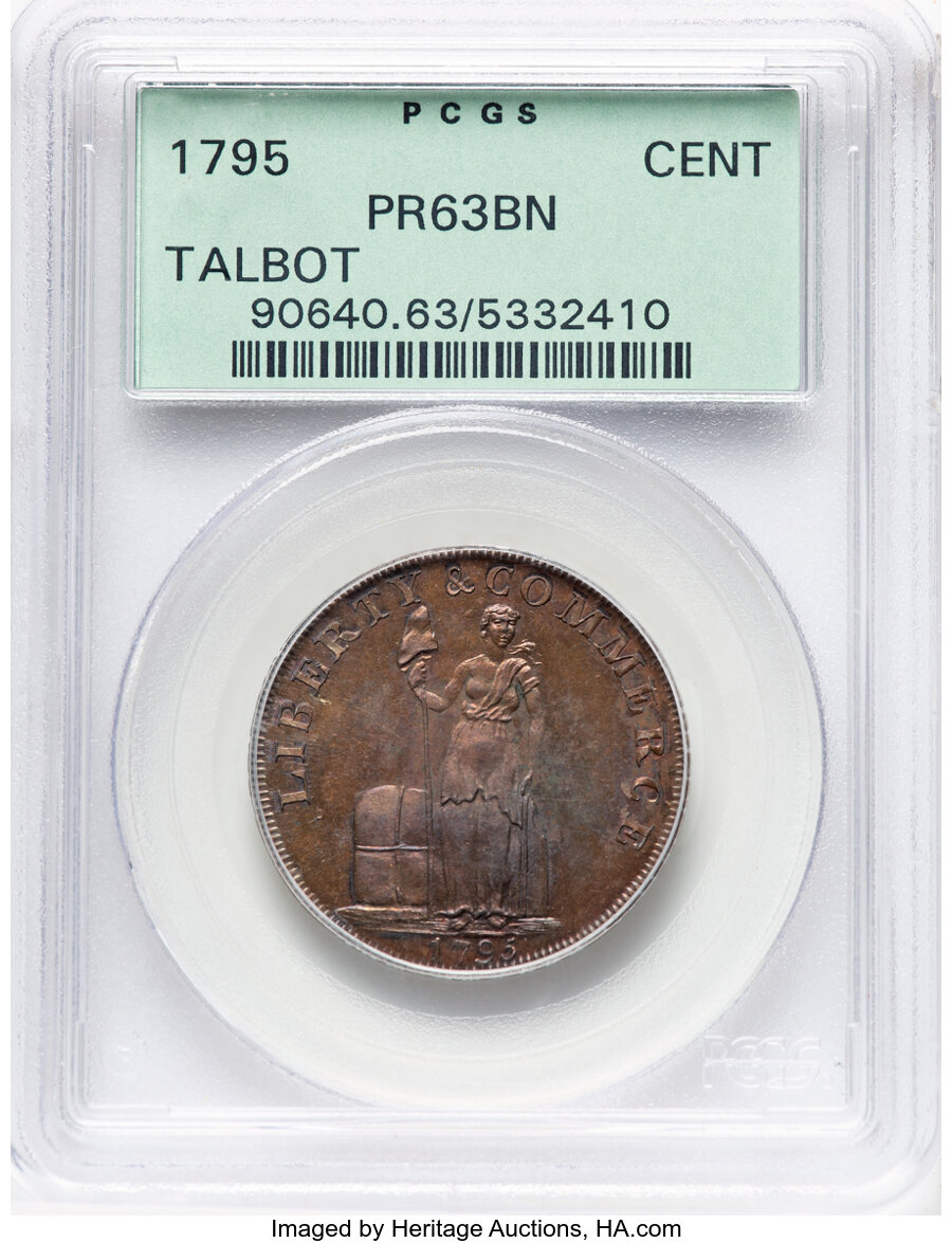 image for: 1795 Talbot, Allum, & Lee Cent, Fuld-1, PR63 Brown PCGS. Housed in a Generation 3.1 green label holder. PCGS Population: (2/...