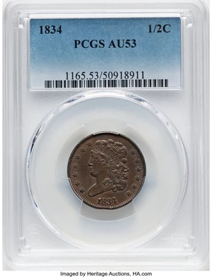 image for: 1834 1/2 C C-1, B-1, R.1, AU53 PCGS. Slight clip at 6:30. PCGS Population: (64/562). Mintage 141,000....