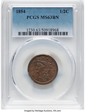 image for: 1854 1/2 C C-1, B-1, R.1, MS63 Brown PCGS. Mintage 55,358....