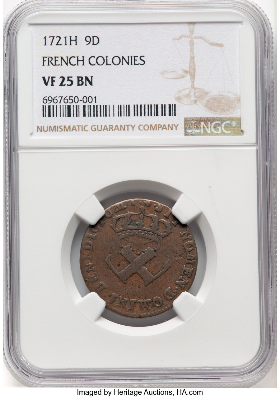 image for: 1721-H French Colonies 9 Deniers VF25 Brown NGC. Breen-261, W-11830, Martin 3.7-B.14. One of the plate coins for both th...