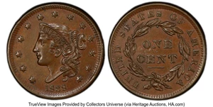 image for: 1838 1C N-10, R.1, MS62 Brown PCGS. PCGS Population: (75/313 and 1/12+). Mintage 6,370,200....
