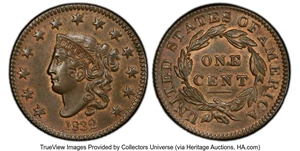 image for: 1832 1C Medium Letters, N-1, R.2, MS63 Brown PCGS. PCGS Population: (3/3 and 0/0+)....