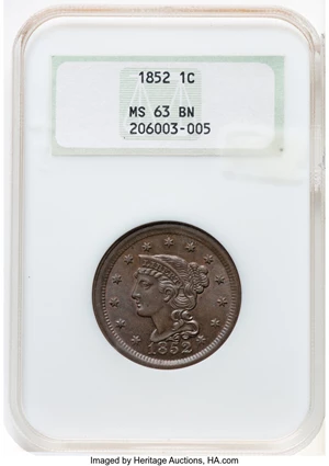 image for: 1852 1C N-3, R.1, MS63 Brown NGC. Housed in a Generation 4 premium holder. Mintage 5,063,094....