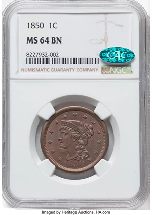 image for: 1850 1C N-21, N-10, R.2, MS64 Brown NGC. CAC. CAC Population: (37/48). Mintage 4,426,844....