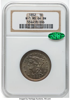 image for: 1852 1C N-1, N-2, R.1, MS64 Brown NGC. CAC. CAC Population: (2/0). Mintage 5,063,094....
