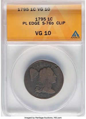 image for: 1795 1C Plain Edge, S-76b, B-4b, R.1 -- Straight Clip -- VG10 ANACS. Mintage 501,500....