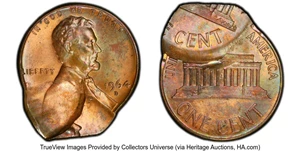 image for: 1964-D 1C Lincoln Cent -- Double Struck - 2nd Strike 75% Off Center -- MS64 Red and Brown PCGS. PCGS Population: (32/12 and...