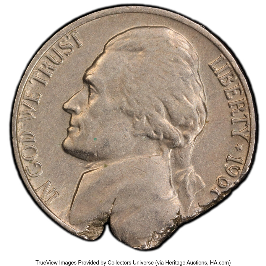 image for: 1961 5C Jefferson Nickel -- Defective Planchet -- XF45 PCGS. PCGS Population: (1/1333 and 0/36+).  Mintage 73,600,000....