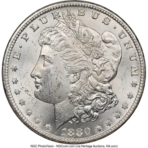 image for: 1880-CC $1 Reverse of 1878, 8 Over 7, VAM-7, Hitlist-40, GSA, MS62 NGC. Box and COA Included. NGC Census: (25/194). PCGS Po...