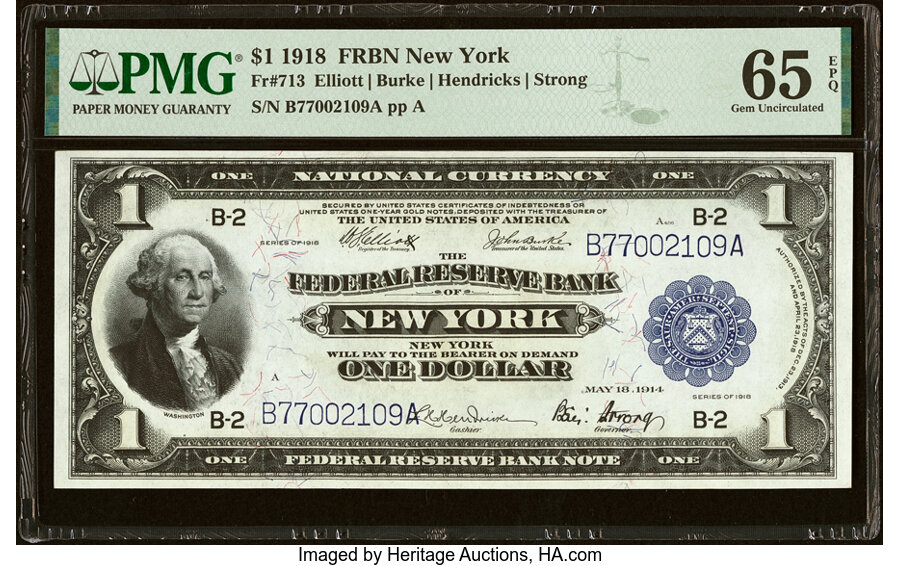 image for: Fr. 713 $1 1918 Federal Reserve Bank Note PMG Gem Uncirculated 65 EPQ....